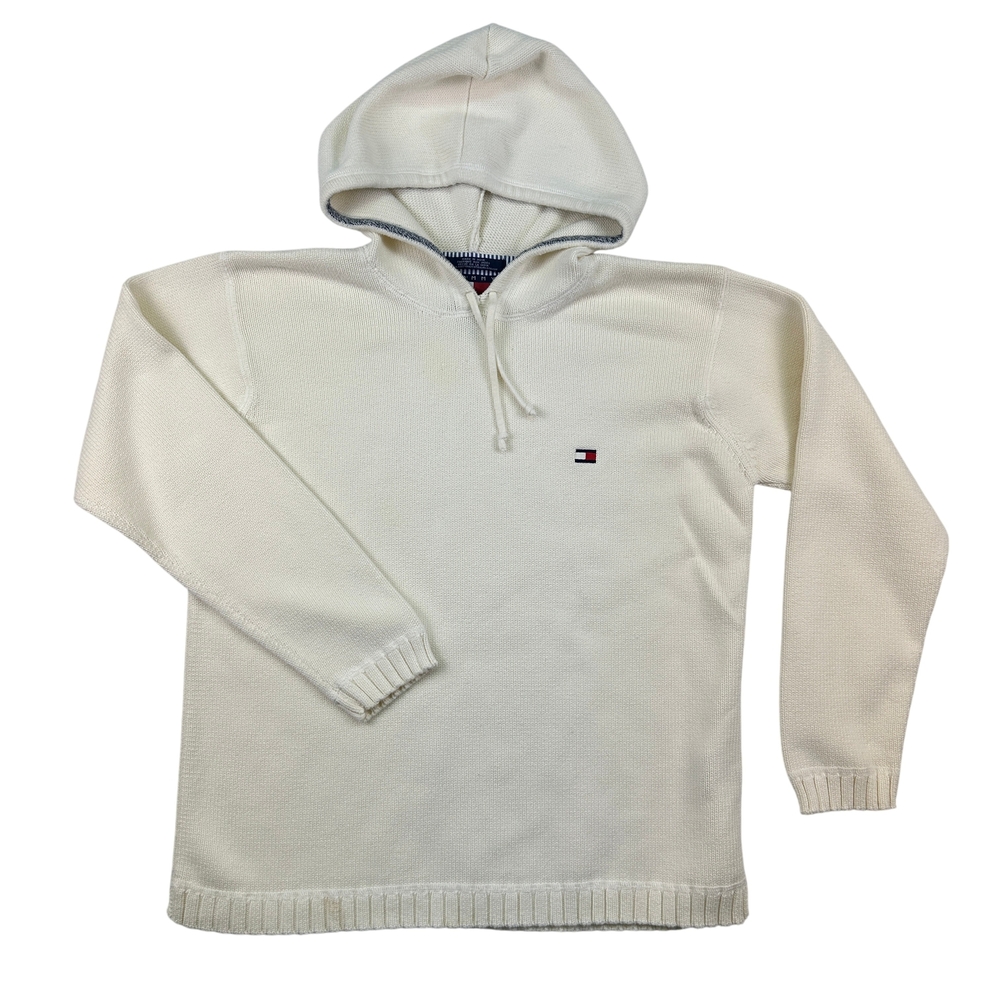 Tommy Hilfiger Sweater Mens Small Hoodie Pullover Cream Knit Logo Cotton Casual